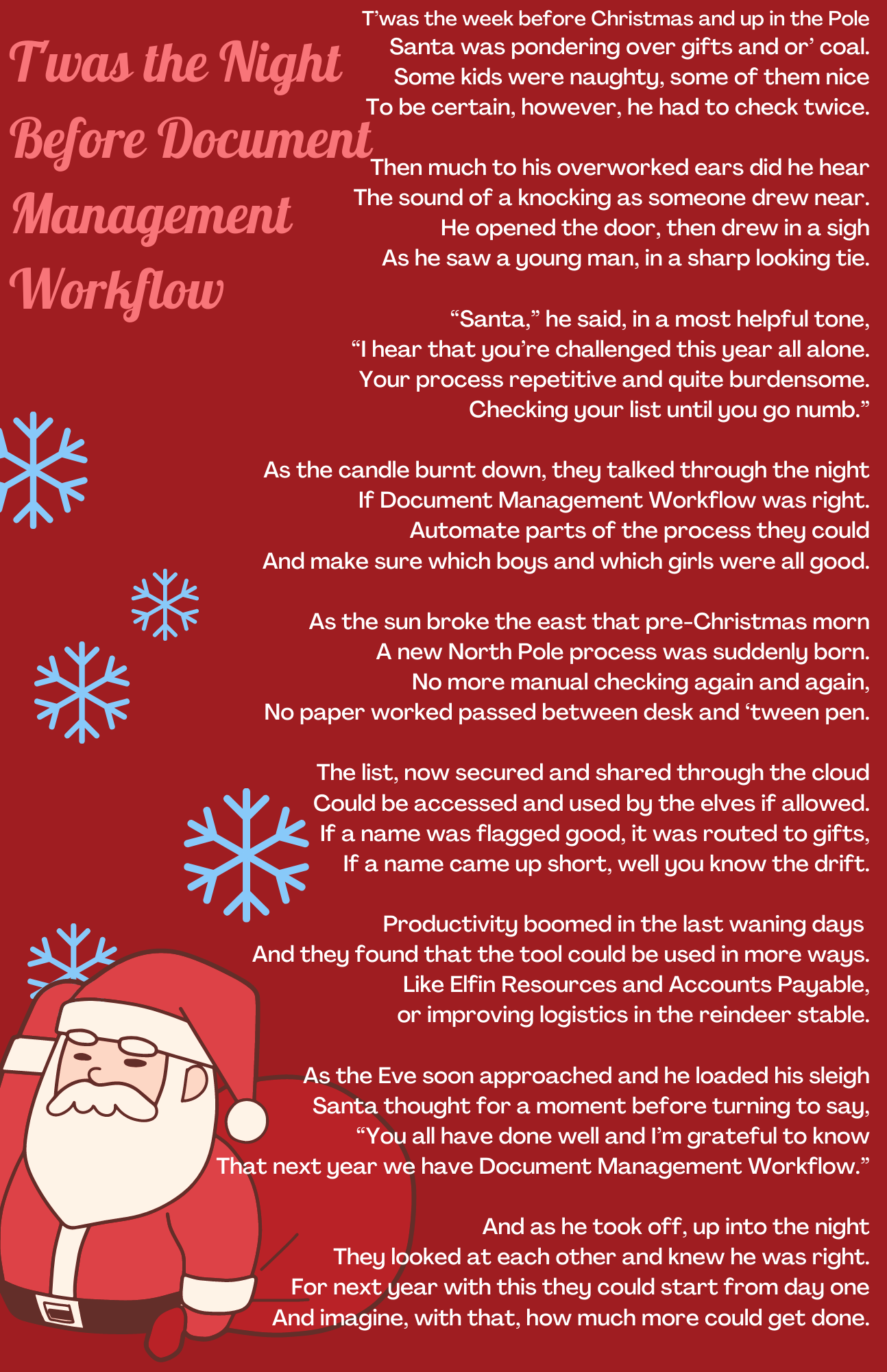 T’was the week before Christmas and up in the Pole Santa was pondering over gifts and or’ coal. Some kids were naughty, some of them nice To be certain, however, he had to check twice. Then much to his overworked ear-3